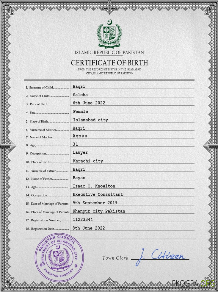 Modèle PSD de certificat de naissance d'état civil du Pakistan